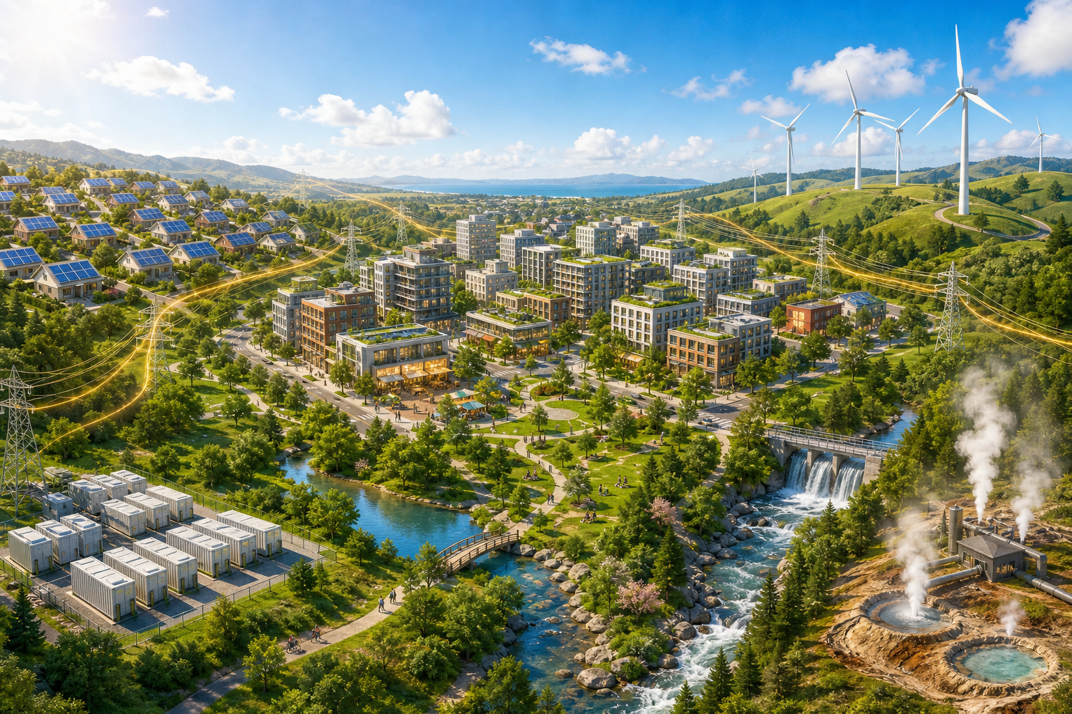 Clean energy grid with buildings, solar panels, wind turbines, storage, and water infrastructure