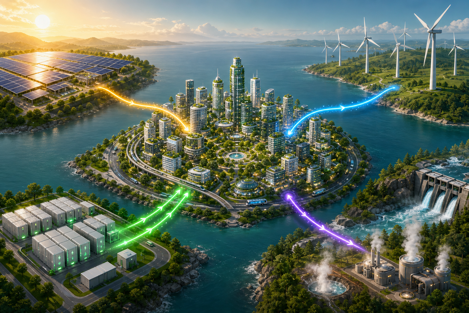 Clean energy network lines connecting city, travel, and energy infrastructure
