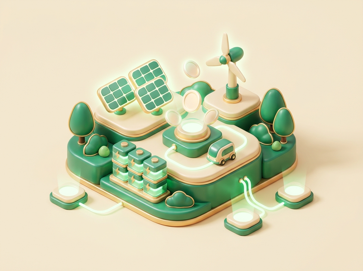 Q-style illustration of clean energy community with solar panels and batteries